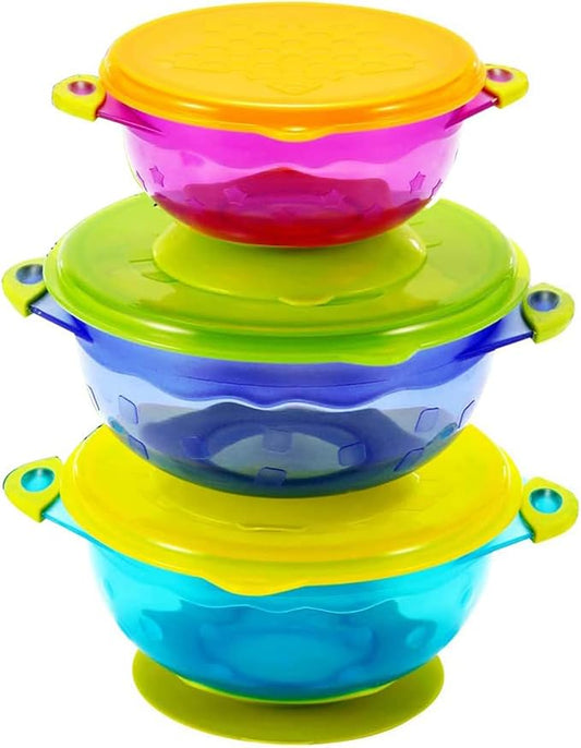 PandaEar Stay Put Spill Proof Stackable Baby Suction Bowls 3 Sizes for Toddlers with Secure Lids BPA Free