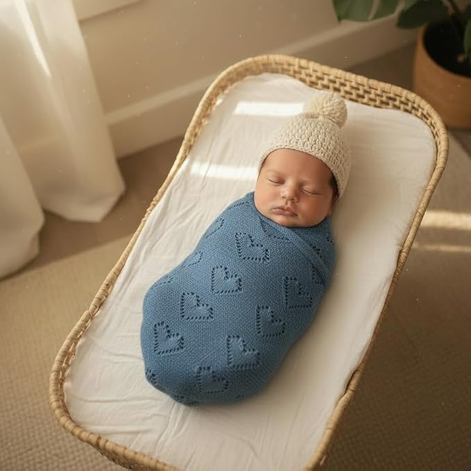 Heirloom Knit Heart Receiving Unisex Blanket for Boys - 100% Luxury Cotton Baby Blanket - Soft Warm Swaddle Crib Receiving Blanket for Newborns Infants & Toddlers (Denim Blue)
