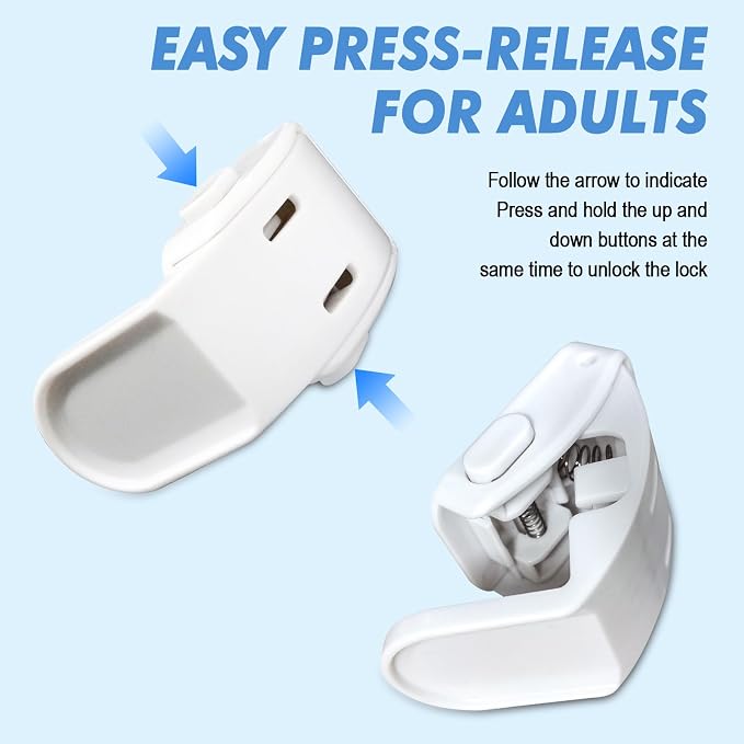 Baby Proof Drawer Locks 4 Pack White, Child Safety Cabinet Latches for Corners, No Drill Adhesive Furniture Lock for Kitchen Drawer Dresser Nightstand Toddler Security ﻿