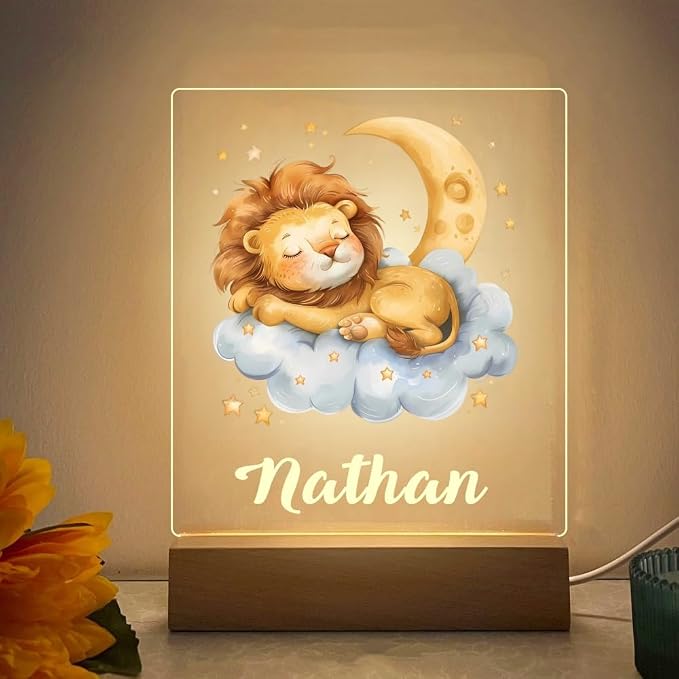 Custom Name Baby Night Light, Adorable Animal Pattern LED Nursery Lamp, Thoughtful Personalized Gift for Newborn Boy & Girl, Acrylic Bedside Decor (Lion)