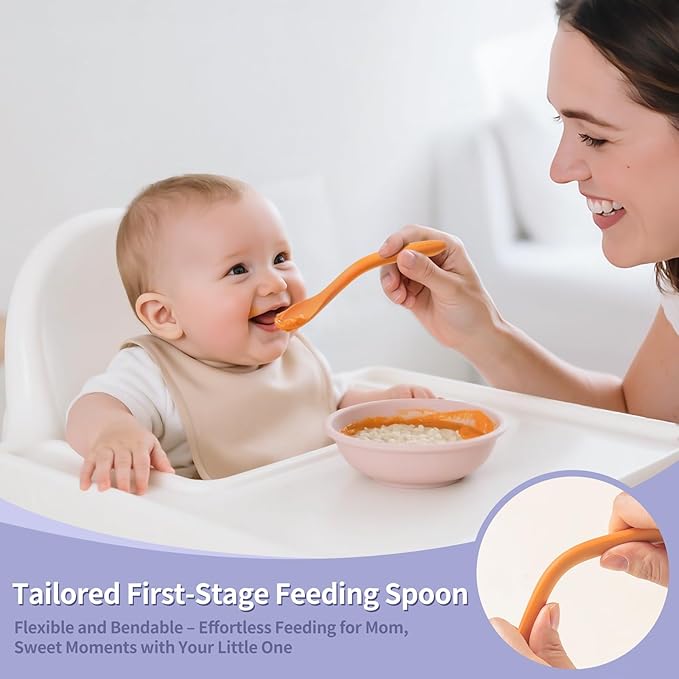 DRKIO 8-Piece Silicone Baby Spoons - Infant Spoons First Stage Self Feeding Baby Led Weaning Supplies Toddler Training Utensils Soft Chewable-Tip Bendable BPA-Free Dishwasher Safe Boil-proof