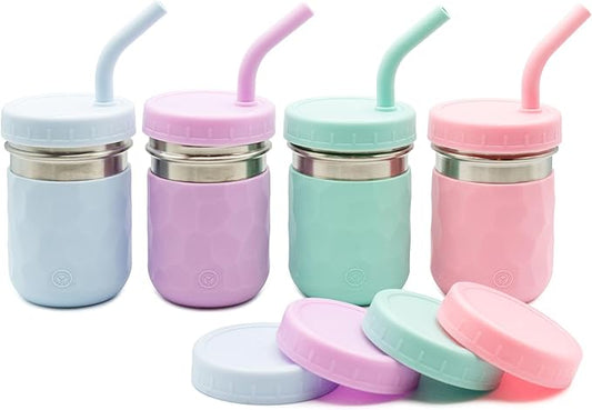 WeeSprout 2-in-1 Drinking Cups for Kids, Durable Stainless Steel Tumbler for Smoothies, Silicone Straws with Stoppers, Premium Plastic Twist Lids, Easy-Grip Sleeves, Set of 4 Dishwasher Safe Kid Cups