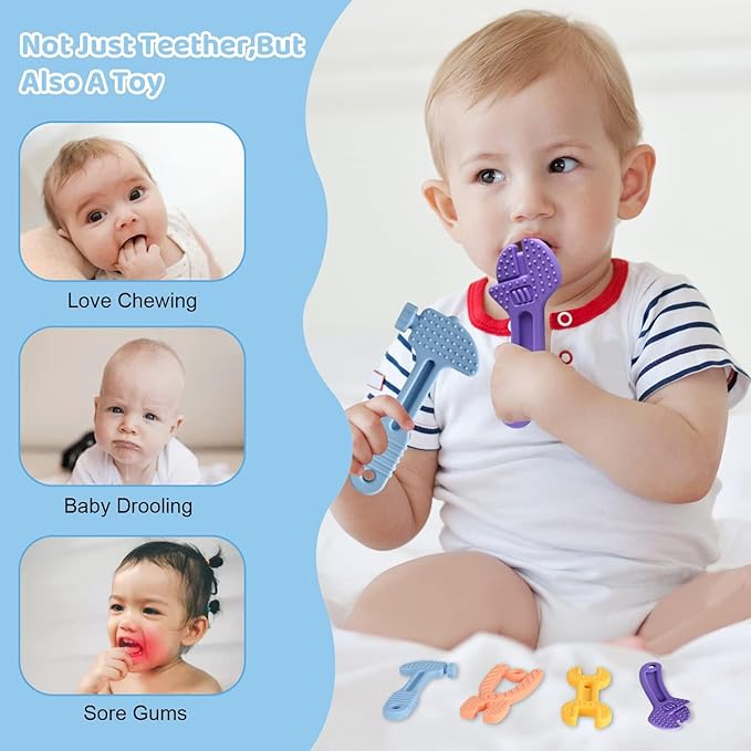 Yinghezu 4 Pack Chew Baby Teething Toys for 0-12 Months, Freezable BPA Free Silicone Baby Molar Teether Chew Toys, Hammer Wrench Spanner Pliers Shape Baby Girl's Boy Car Seat Toy
