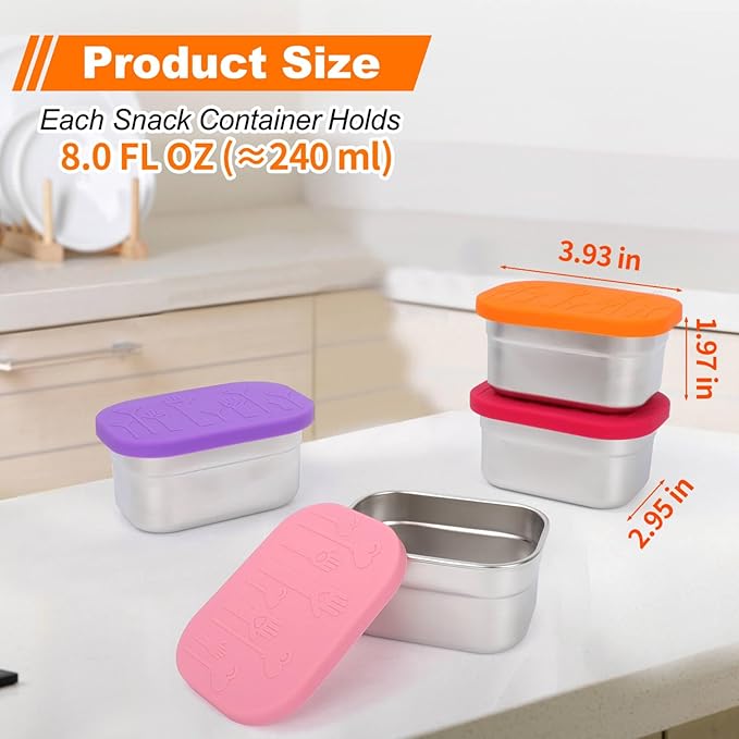 4 Pack Stainless Steel Snack Containers with Lids Set, 8 oz Rectangular Easy Open Leakproof Reusable Snack Box Tupperware Container, Small Containers for Oat,Crackers,Nuts,Candy,Lunch