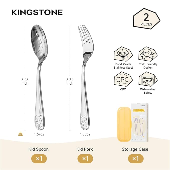 KINGSTONE 2-Piece Kids Silverware Set, Large Fork & Spoon with Storage Case, 18/10 Stainless Steel, Cat & Dog Print, Ergonomic, Lightweight, Self-Feeding Baby Flatware for Travel & Home