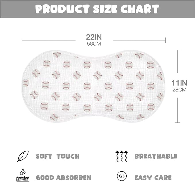 Cartoon Balls Baby Muslin Burp Cloths Set of 1 Red and White Baseball Patch Sports Muslin Washcloths Watercolor Milk Spit Up Rags Soft Newborn Towel for Unisex Boys and Girls, 22 x 11 Inch