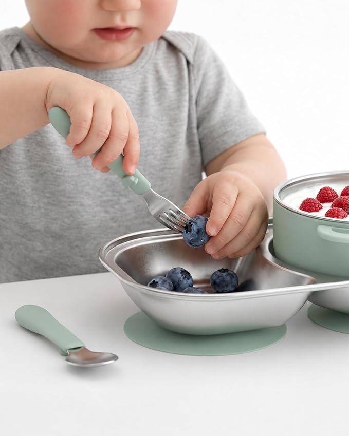 Bakpoco Toddler Plates and Bowls Set Stainless Steel Feeding Set with Suction, Detachable Baby Bowls, Kids Plates, Cup & Utensils, Baby Feeding Essentials for Self Feeding, Dinnerware Set, Sage