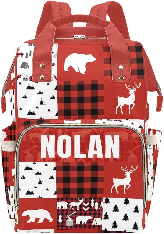 Personalized Woodland Deer Bear Diaper Bag with Name – Custom Baby Bag, Nursing Tote Backpack for Mom, Custom Name Mommy Daypack, Shower Gift for Baby