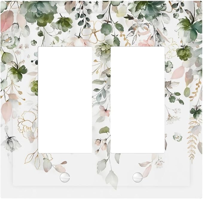 Green Pink Floral Flower Rustic Eucalyptus Leaves Wildflower Decorative Outlet Covers 2 Gang Double GFCI Rocker Electrical Wall Panels Light Switch Cover Plate for Bedroom Living Room Decor