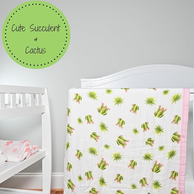 LollyBanks Muslin Quilt Blanket, Large 47 x 47 Inches Versatile Crib Blanket for Baby Girls, 6 Layers Newborn Blanket, Soft Blend 70% Viscose Made from Bamboo + 30% Cotton, Registry (Cactus Print)