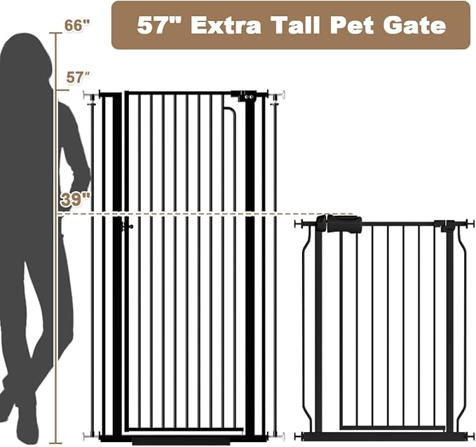 Mornyray 57"" Extra Tall Cat Gate 38.58'' - 43.31'' Wide Dog Gate Inoor, Baby Gate with Cat Door Walk Through Swing Auto Close Safety Dog Pet Gate for Indoor Stairs, Doorways (Black)