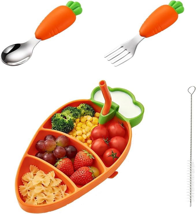 4-Piece Silicone Baby Feeding Set ??Baby Plates with Strong Suction, Toddler Plates Set, Unbreakable Food-Grade Silicone Divided Plate with Spoon, Fork & Straw Brush
