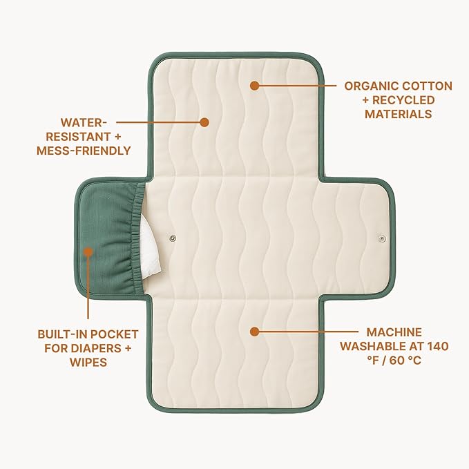 Toddlekind Mini Maven Portable Changing Pad ??Organic Cotton & Water-Resistant Polyester ??Travel-Friendly, Foldable Change Mat ??Forest Green Stripes with Wave Stitching ??Chic, Durable, Easy Clean