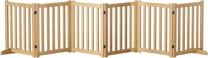 Wooden Freestanding Foldable Dog Gate, 24 Inch Height 6 Panel Pet Gate No Drill for Doorways Stairs, Fully Assembled Indoor Puppy Fence (Wood Color, 120" W x 24" H)