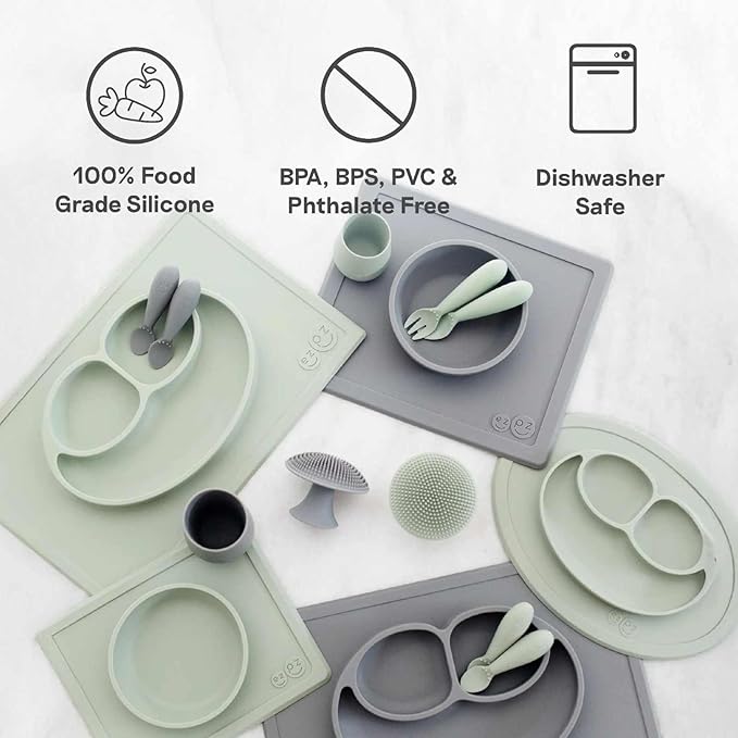 ezpz Happy Mat (Blue) - 24 Months+ - 100% Silicone Suction Placemat + Divided Plate with Three Compartments - Toddler + Preschool Essentials