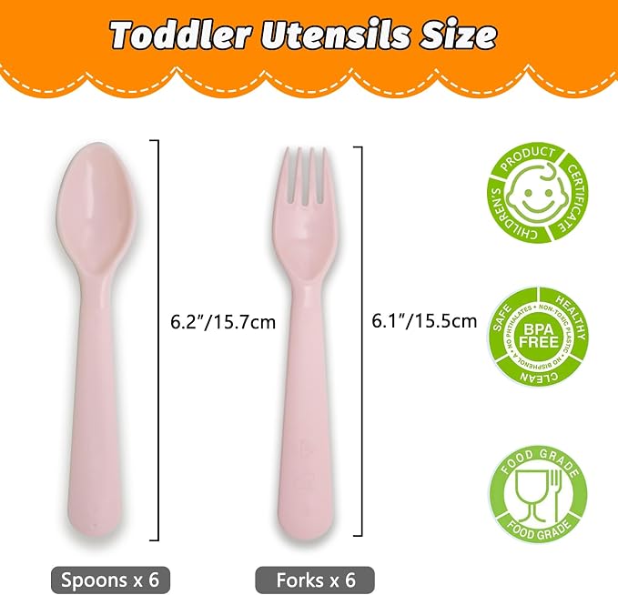 12 Pcs Kids Spoons and Forks Toddler Utensils Plastics Reusable Silverware Baby Cutlery Set Feeding Dinnerware Utensils BPA Free Microwave Dishwasher and Freezer Safe- Pink