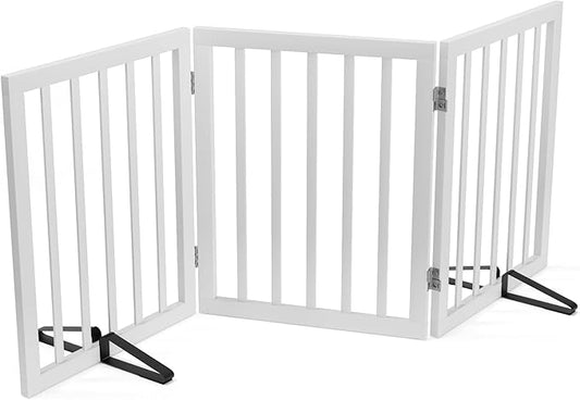 Dog Gates for The House Freestanding Foldable Pet Gates for Doorways 3 Panels 24'' Tall with 2PCS Support Feet Wooden White Dog Gate for Stairs
