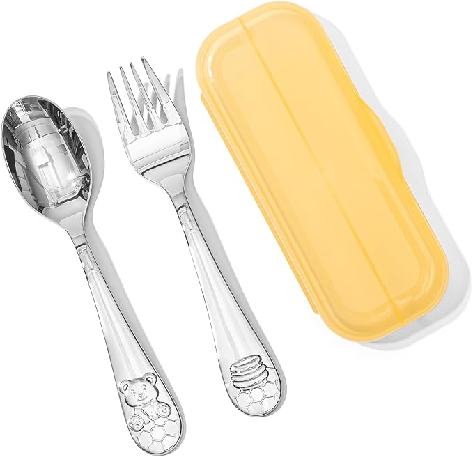KINGSTONE 2-Piece Toddler Utensils Set, Small Fork & Spoon with Storage Case, 18/10 Stainless Steel, Lightweight, Ergonomic for Self-Feeding, Travel & Portable Kids Flatware, Honey Bear Print