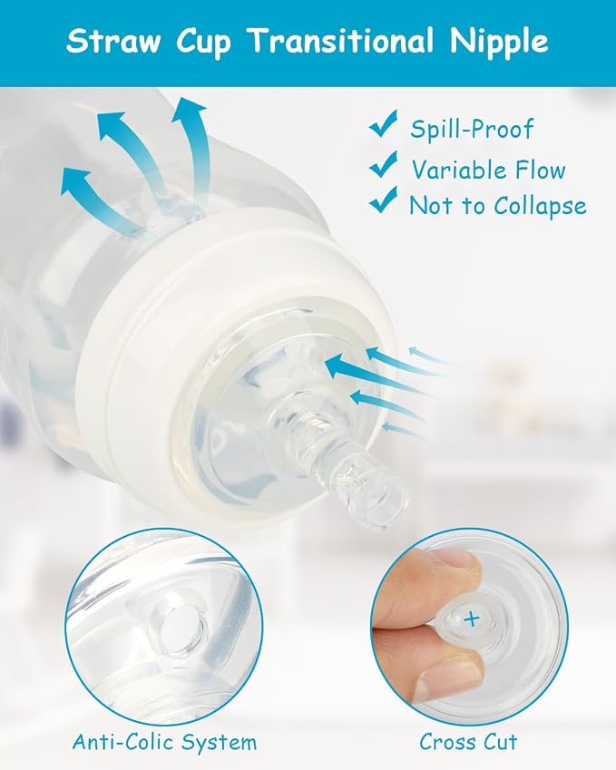 Straw Nipples for Evenflo Balance Wide Neck Bottles, Soft 100% Silicone Wide Neck Sippy Straw Nipples, 8m+, 4 Count