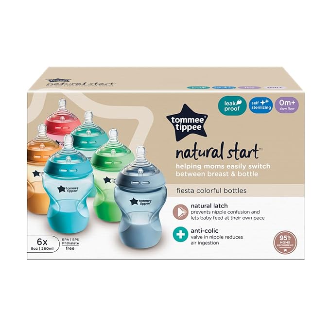 Tommee Tippee Natural Start Anti-Colic 9 oz BPA Free Baby Bottles, 0+ Months, Slow Flow Breast-Like Nipple, Self Sterilizing, Designed for Seamless Transition Between Bottle & Breast, Fiesta,Pack of 6