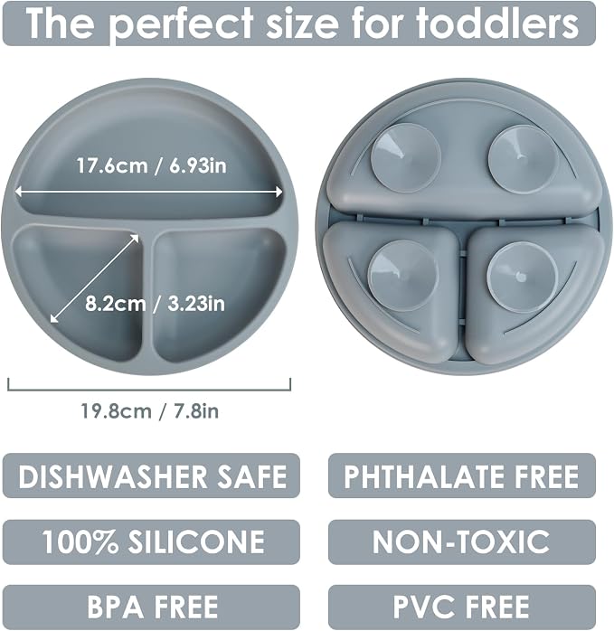 Tiny Marvels Baby Plates 3 Pack, 100% Food Grade Silicone Toddler Plates, Divided Baby Suction Plates, Non-Slip Toddler Plate Set, Baby Led Weaning Supplies, Microwave & Dishwasher Safe