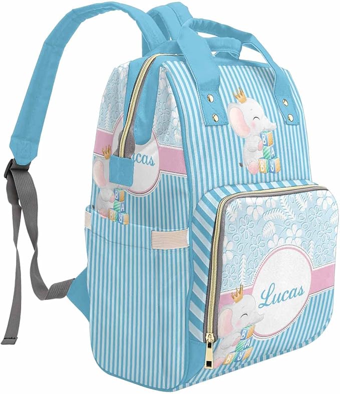 M YESCUSTOM Custom Bag with Name Personalized Blue and White Stripes Diaper Bag Backpack Customized Cute Animal Mommy Bag