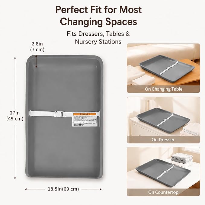 Wipeable Waterproof Baby Changing Pad, Large PU Diaper Pad for Changing Table and Dresser, Easy-Clean with Adjustable Buckle, No-Slip Bottom (Grey)