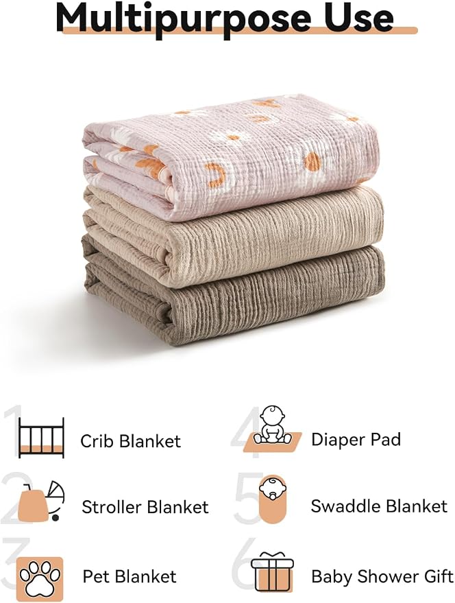 TILLYOU Muslin Swaddle Blanket Soft Baby Blanket for Girls Boys, 4-Layer Cotton Swaddle for Newborns 40"X40", Light Brown