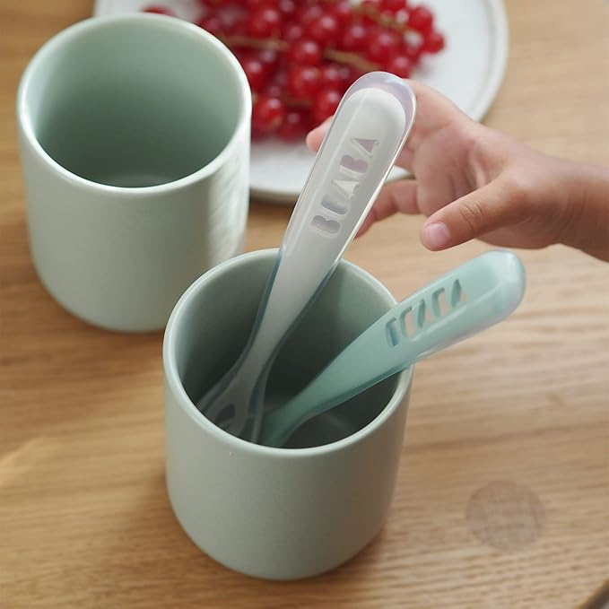 BEABA Baby's First Foods Spoon Set with Travel Case, Original Soft Silicone Baby Spoons, Baby Essentials, Travel Set, Sage + Cloud