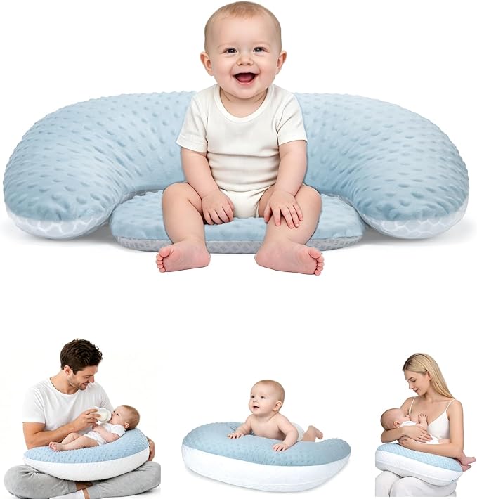 Multifunctional Nursing Pillow, Wider Breastfeeding Pillow with Minky Dot & Breathable Mesh, Anti-Slip Base for Tummy Time & Baby Sitting Support, Removable Soft Cover, Large Opening for Most Body
