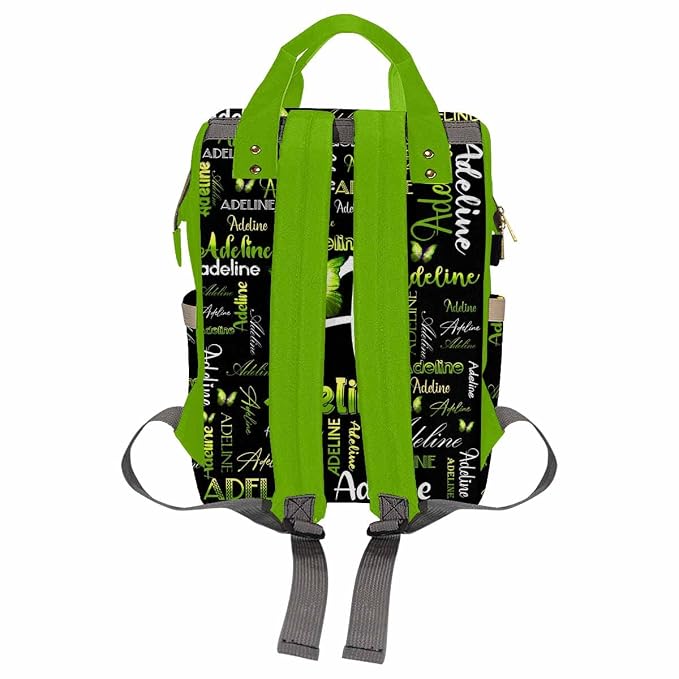 InterestPrint Custom Name Diaper Bag Customized Green Butterfly Signature Nappy Bag Personalized Monogram Laptop Backpack with Name Nursing Bags Shoulders Bag Casual Daypack Travel Bag for Women