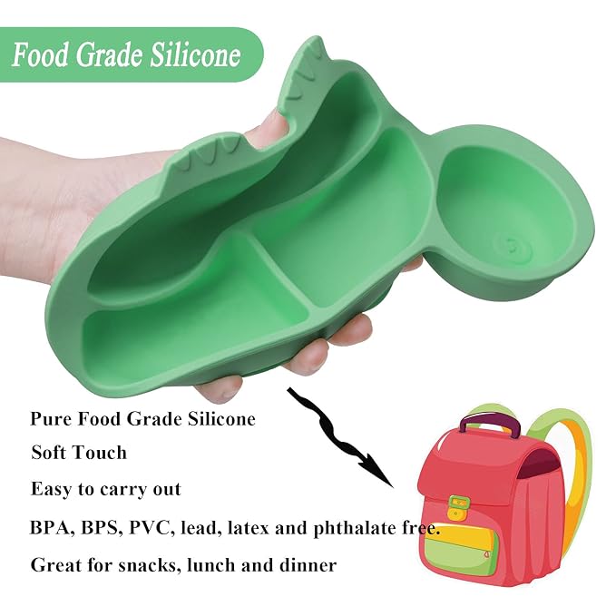 Baby Feeding Utensils Sets with Spoon and Forks 6 Pcs/Set Divided Silicone Suction Plates for Toddler Kids,Baby Feeding Dish BPA Free Microwave Dishwasher Safe-Green Pink Tortoise Sets