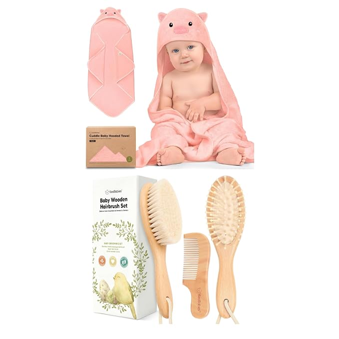 KeaBabies Baby Hooded Towel and Baby Hair Brush and Comb Set - Soft Bath Towels with Hood for Toddlers, Wooden Brush with Soft Goat Bristle for Girls, Boys, Toddlers
