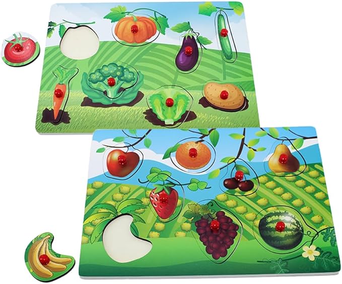 Peg Puzzle Set of 4 (32 pcs), Wooden Knob Puzzles for Toddlers, Vegetables, Fruits, Geometry Shapes and Beach Toys, Preschool Educational Cognitive Gifts.