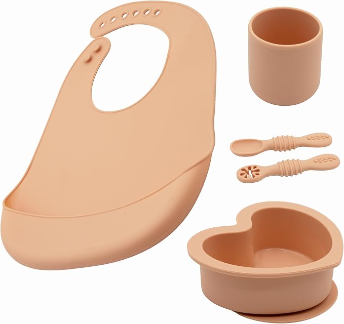 BabyX Silicone Baby Starter Kit, 5 Pieces First Feeding Set, Including Training Spoon, Fork, Cup, Bib and Heart Shaped Bowl (Peach), BPA-Free, Baby Utensils Supplies, Microwave/Dishwasher Safe