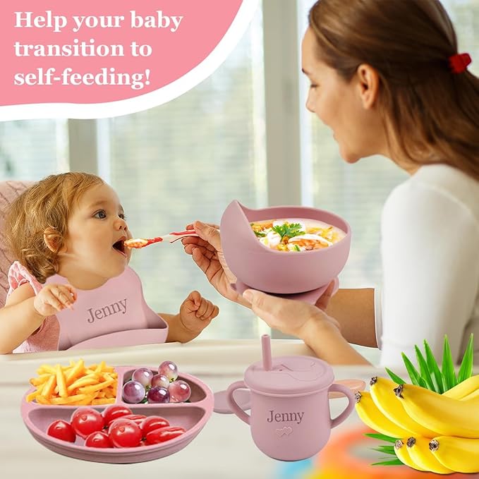 Personalized Silicone Suction Plates for Baby，Custom Toddlers Spoon and Fork, Baby Feeding Set with Name,Baby Birthday Gift for Boy & Girl (Grey placemat)