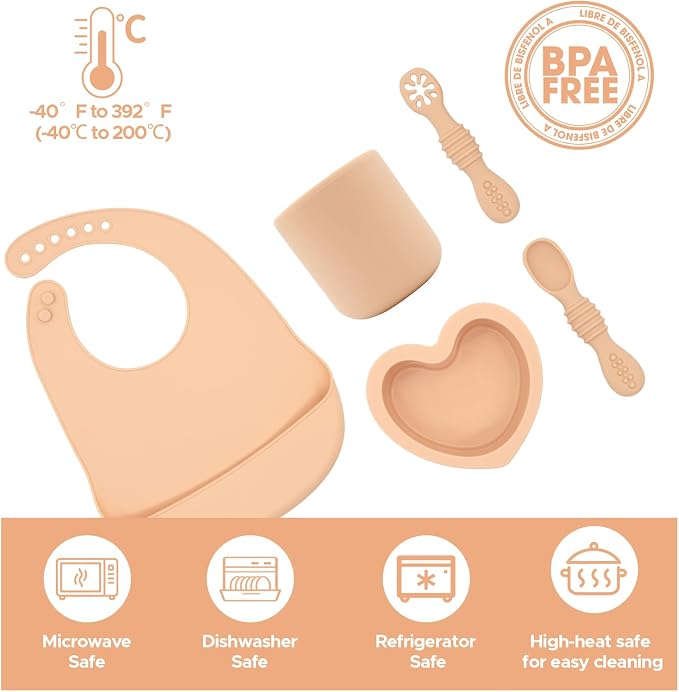BabyX Silicone Baby Starter Kit, 5 Pieces First Feeding Set, Including Training Spoon, Fork, Cup, Bib and Heart Shaped Bowl (Peach), BPA-Free, Baby Utensils Supplies, Microwave/Dishwasher Safe