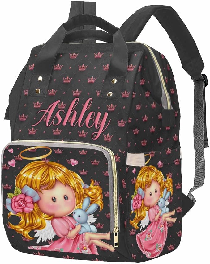 M YESCUSTOM Customized Travel Nursing Nappy Bag Pink Crown Print Shoulder Bag Waterproof Casual Daypack Travel Backpack for Mom (Black)