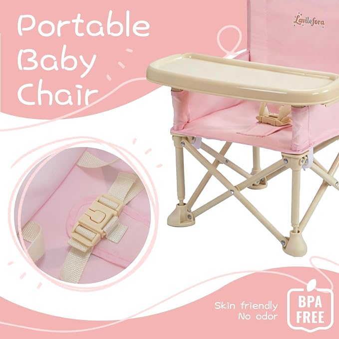 Portable Baby Chair,Portable 3-in-1 Baby Booster Seat with Tray,Folding Toddler High Chair for Travel,Camping, Home & Dining, Easy to Clean & Store, Safe with Child Safety Belt Carry Bag(Pink)