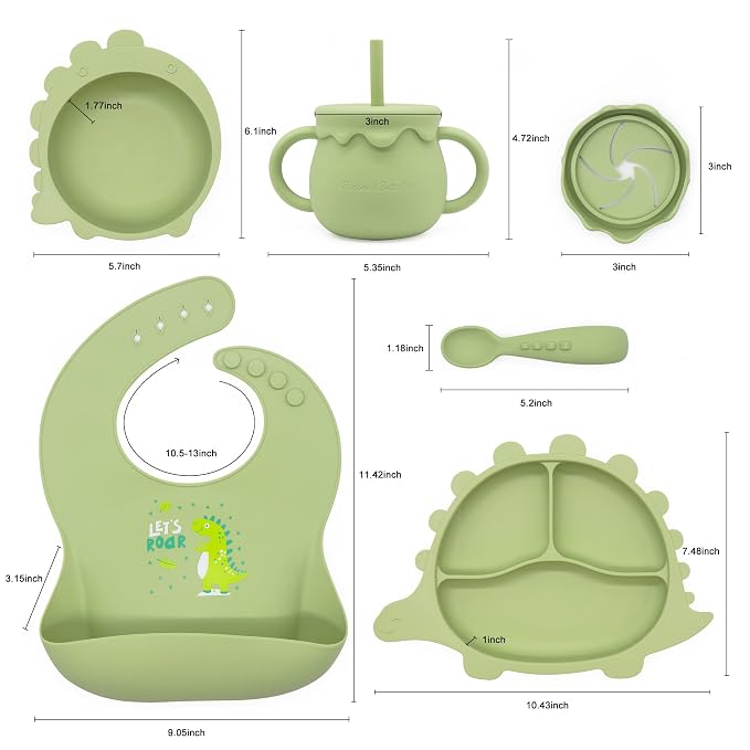 Rainbow & Butterflies |8 Piece| DINO Silicone Baby Feeding Set – |Bib, Suction Bowl, Suction Plate, Sippy Cup, 2-in-1 Straw & Snack Cup Lid, Straw & Spoon| – Food Grade Silicone, BPA Free (Olive)