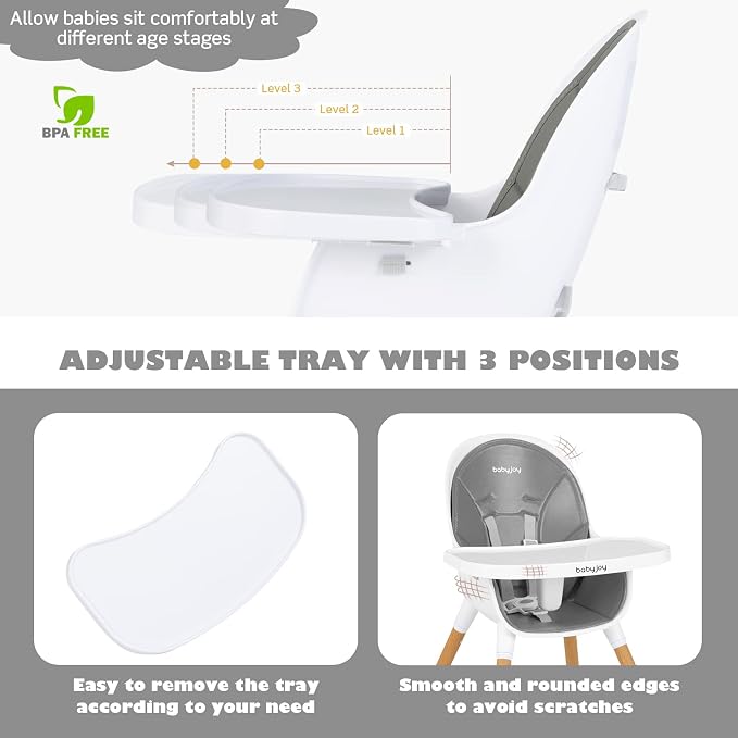 BABY JOY Convertible Baby High Chair, 3 in 1 Highchair w/Adjustable Legs, Dishwasher Safe Tray, Detachable PU Cushion, Footrest, 5-Point Harness for Babies Infants Toddlers (Gray)