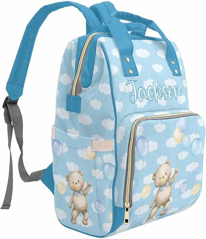 M YESCUSTOM Custom Blue Bear Diaper Bag with Name, Personalized Colorful Balloon Cute Nursing Baby Bag Multifunction Mommy Daypack with Large Capacity Christmas Girt for Women