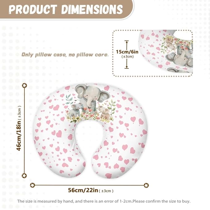 Breastfeeding Pillow Cover with Pink Love Heart and Elephants Baby Breastfeeding Slipcover Infant Newborn Nursery Bottle Pillowcase Easy to Use and Dustptoof