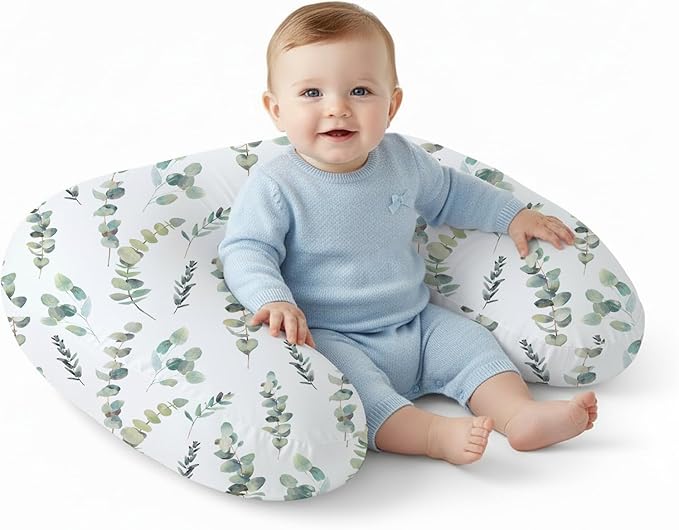 Little Grape Land Nursing Pillow,Upgraded Breast Feeding Pillow for Mom,Breastfeeding & Bottle Feeding for 0??7 Months, Soft Machine Washable Cover with firm breathable filling,Tummy Time,Green Leaves