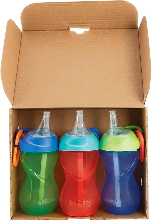 Nuby No-Spill Clik-It Flexi Straw Sippy Cup with Carabiner Clip - (3-Pack) 10 oz - Baby Sippy Cup for 6+ Month Old with Easy Grip - Red/Green/Blue
