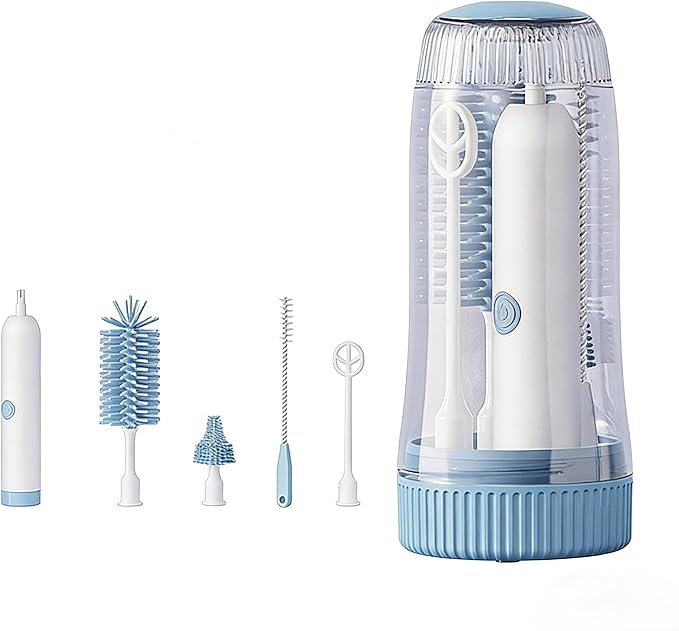 Portable Electric Silicone Bottle Brush Set, 7-in-1 UV Light USB Charging, Nipple/Straw Cleaner, Milk Mixer, Built-in Drying Rack & Storage Case, BPA-Free, IPX7, On-the-Go for New Parents (Sky)