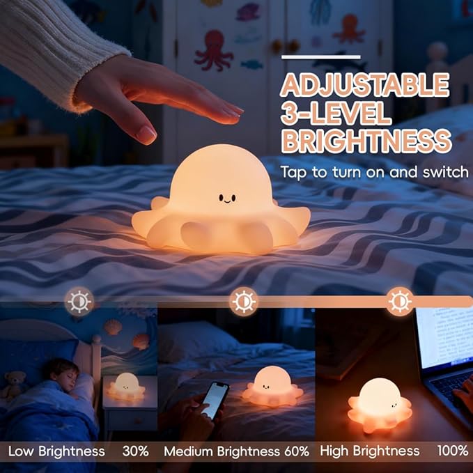 Octopus Night Light for Kids, Cute Silicone Animal Night Light, Rechargeable Tap Control Nursery Lamp with Timer, 3-Level Dimmable Squishy Bedside Lamp for Baby Girls Boys Room Decor Gift