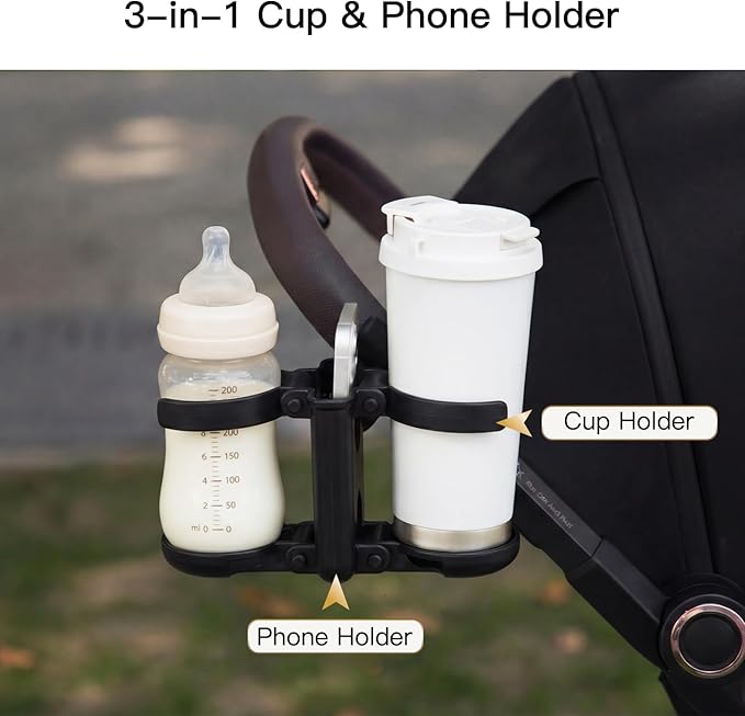 Gromast 3 in 1 Foldable Stroller Cup Holder with Phone Holder, 360° Rotatable Bottle Holder, Universal Cup Holder for Baby Stroller, Tricycle - Black