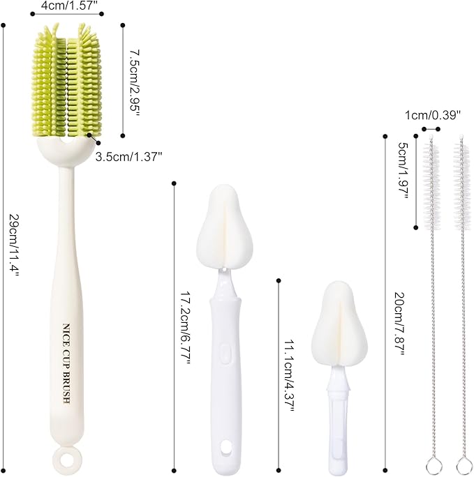 CAREBABYMORE 5-in-1 Baby Bottle Brush Kit, Silicone Bottle Brush for Baby Bottle and Breast Pumps, Sponge Nipple Brush with Replaceable Brush Head, Straw Brushes, Green