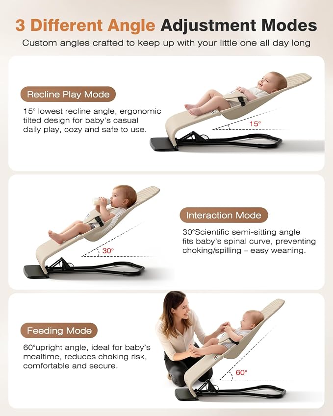 Baby Bouncer, Bouncer Seat for Babies 0-12 Months, Ergonomic Rocking Chair with Detachable Hanging Bar, 3-Height Adjustments, Foldable & Portable Infant Rocker, Machine Washable Fabric, Beige